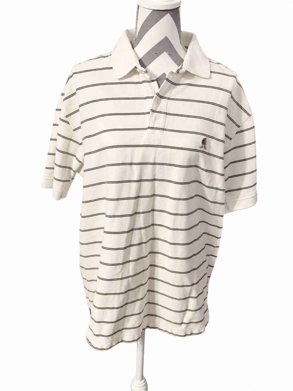 Tommy Hilfiger Cream w Stripes Polo Shirt Size LG Retail $89.00